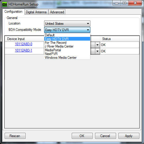 HDHomeRun Setup, Configuration