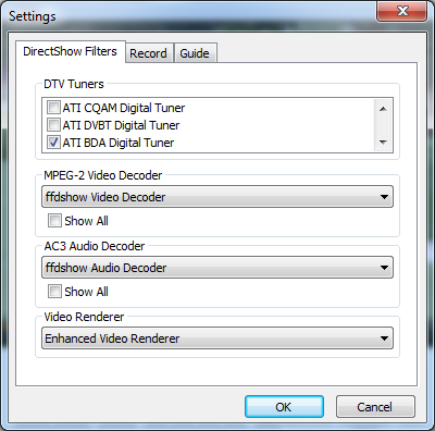 Easy HDTV DVR settings dialog