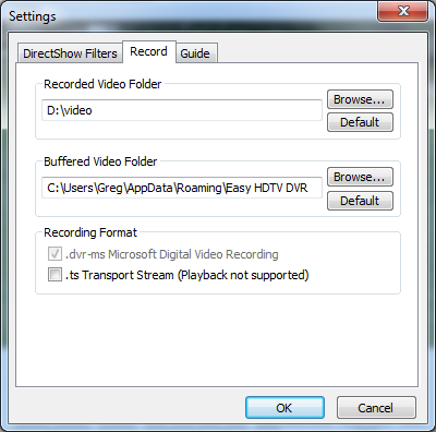 Easy HDTV DVR Settings, record tab